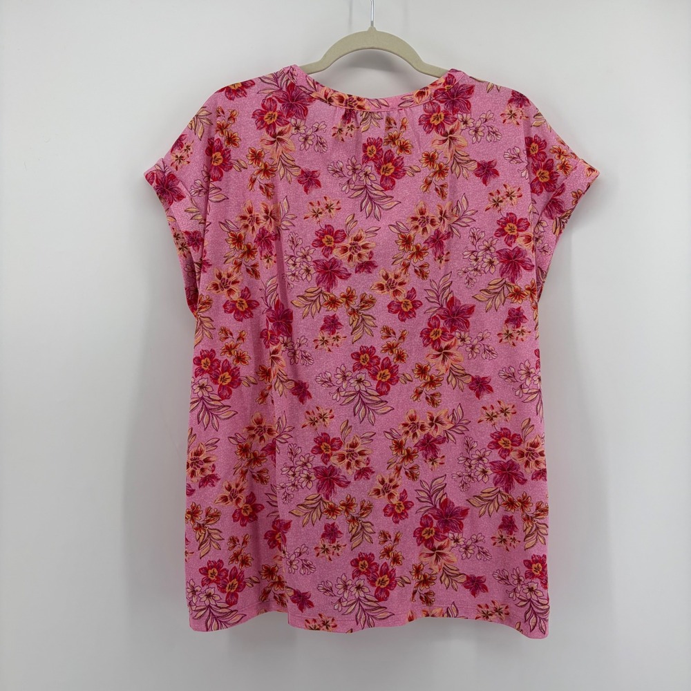 LOFT Womens Large Pink Floral Henley Top Short Sleeve Cotton Blend Relaxed Fit - Picture 2 of 6